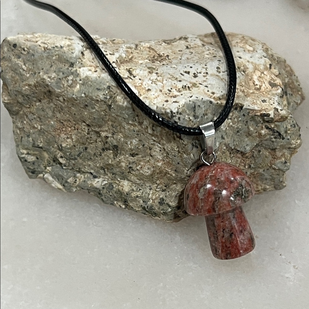 Pink and Black Rhodonite Mushroom Pendant Necklace Bohemian Jewelry